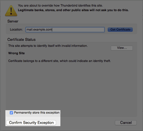 The confirm exception button.